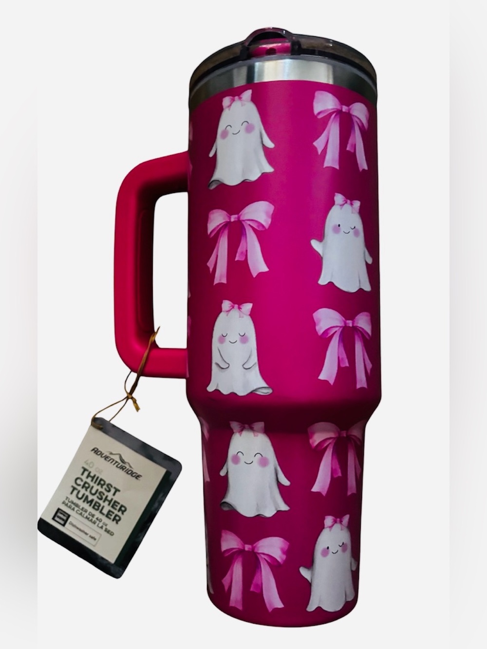 ALDI Pink Ghost Ribbon Halloween 40 oz Thirst Crusher Tumbler Straw Adventuridge